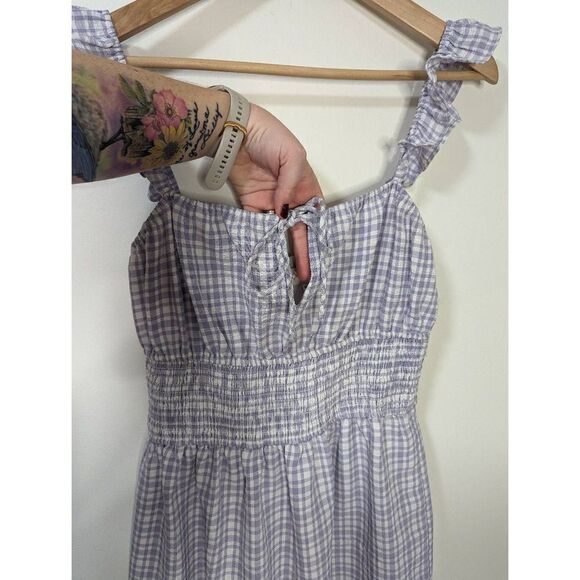 WAYF Smocked Waist Purple Gingham Checkered Mini Dress - Size M - Picture 4 of 9